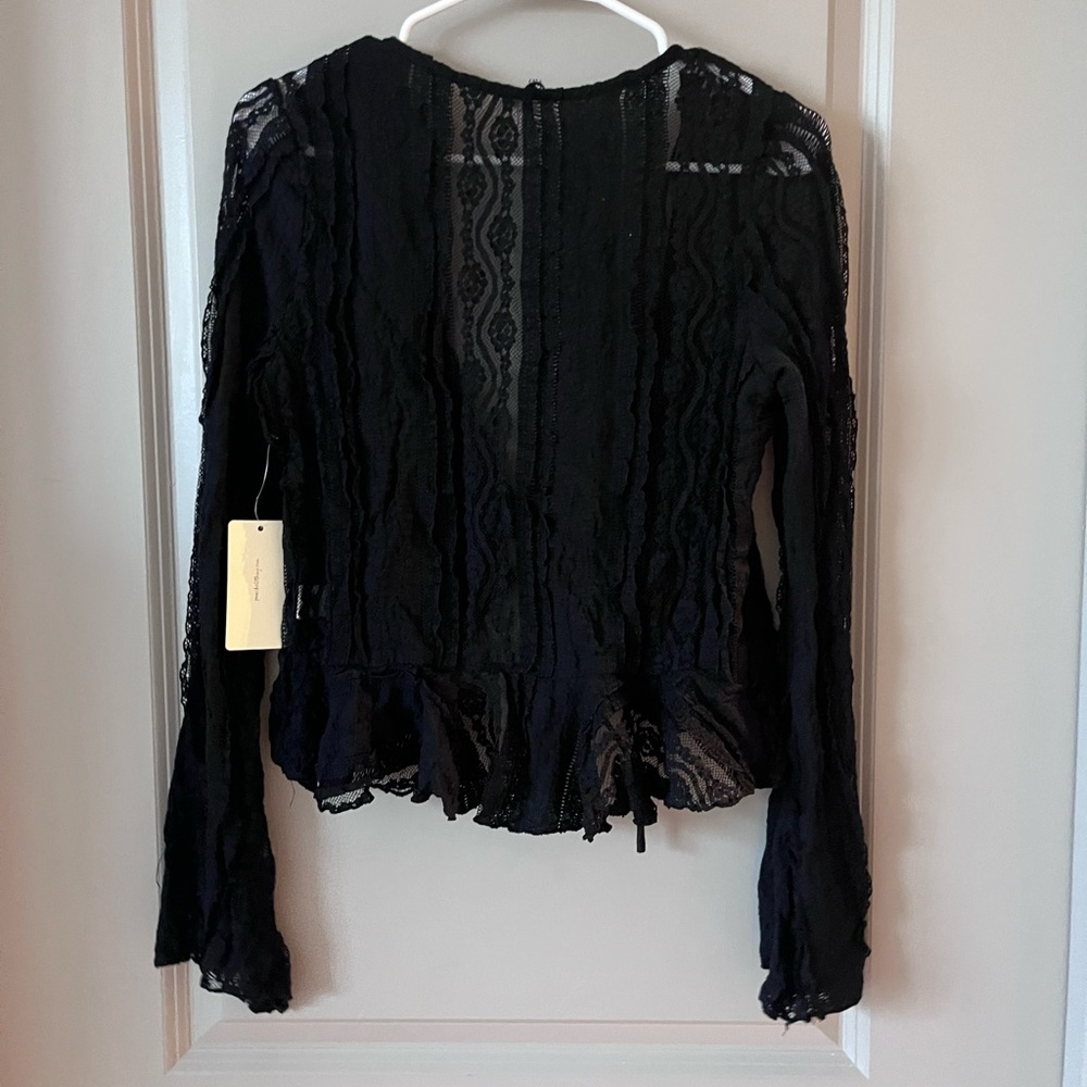 Black Ruched Ruffled Bell Sleeve Blouse